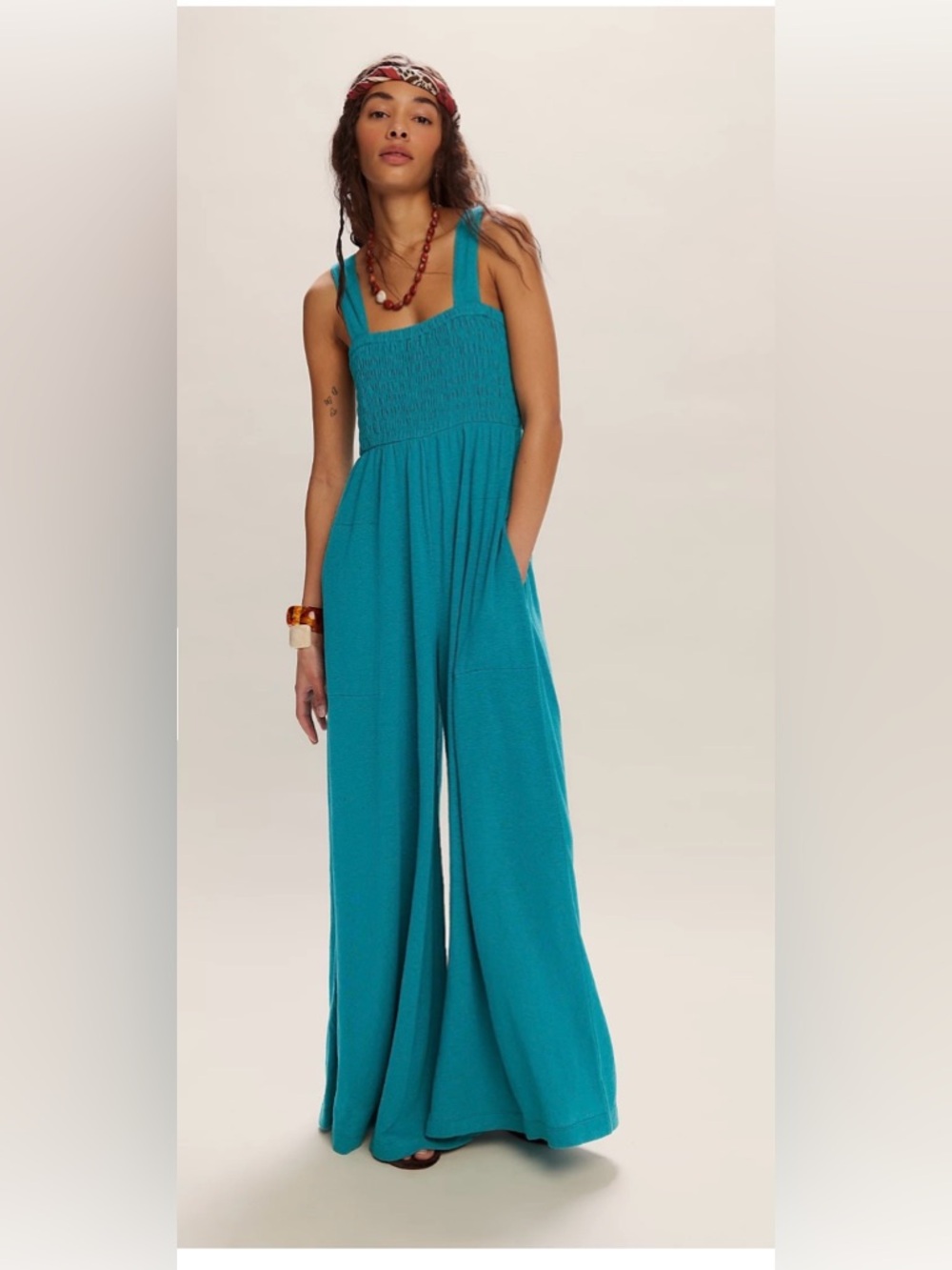 Free People Beach Homecoming Linen Blend Smocked Bodice Wide Leg Jumper Size SP